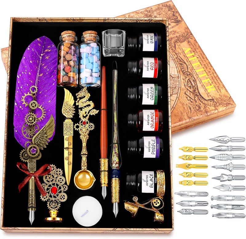 Aifeiter Feather Pen Ink Set, Wax Seal Stamp, Feather Calligraphy Pen, Birthday & (Purple) - Image 1